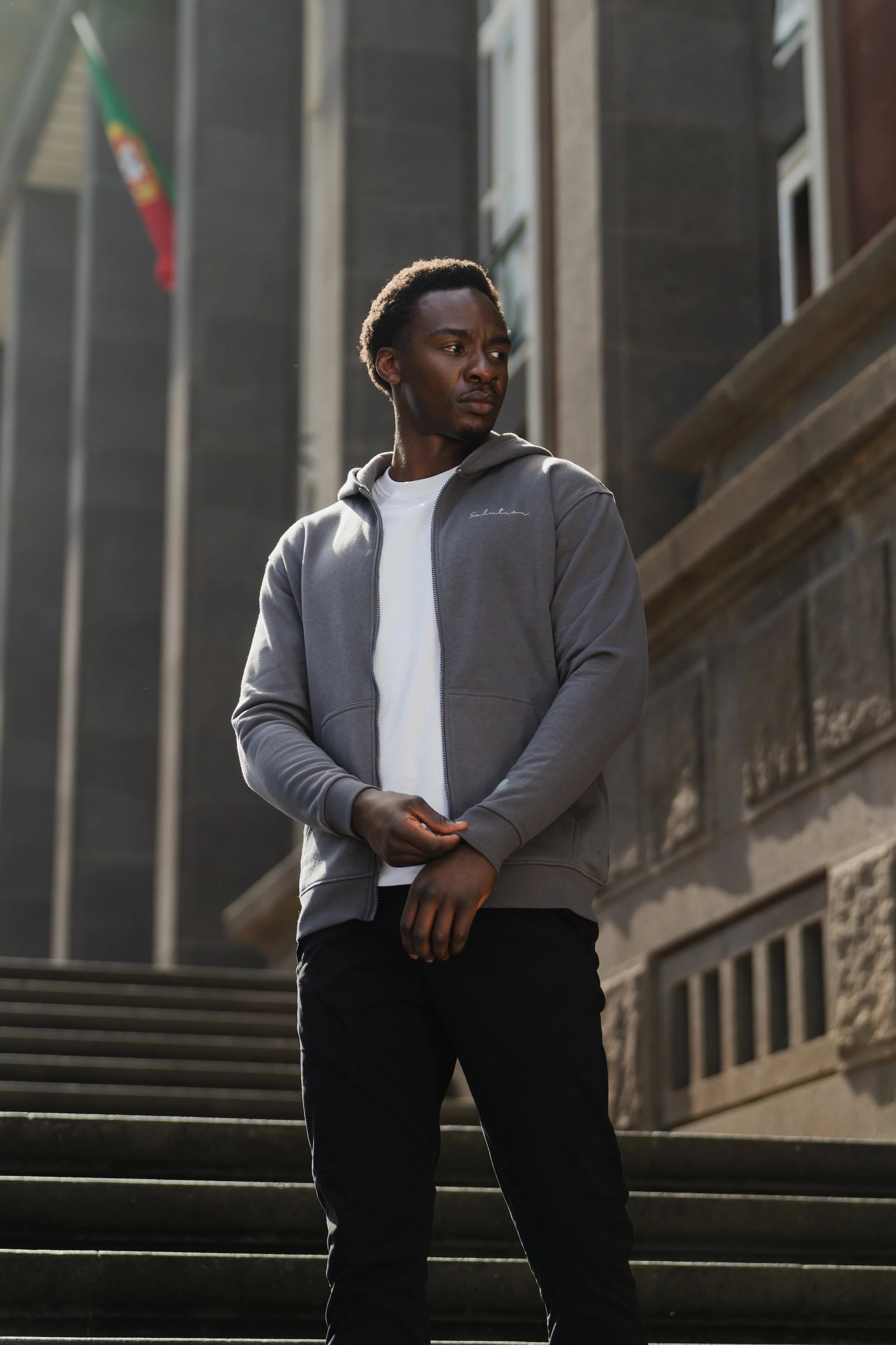 Essential Rubber Print Zipper Hoodie Iron Gate