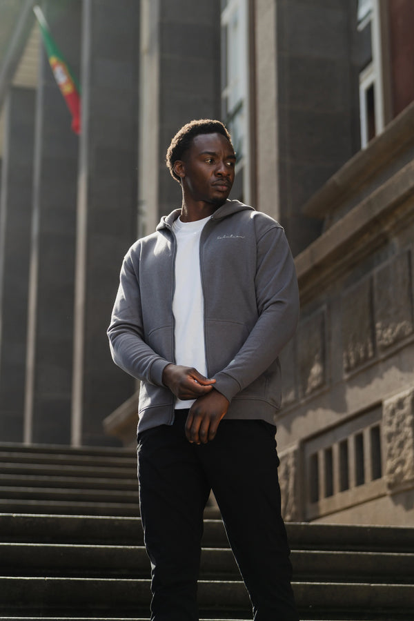 Essential Rubber Print Zipper Hoodie Iron Gate