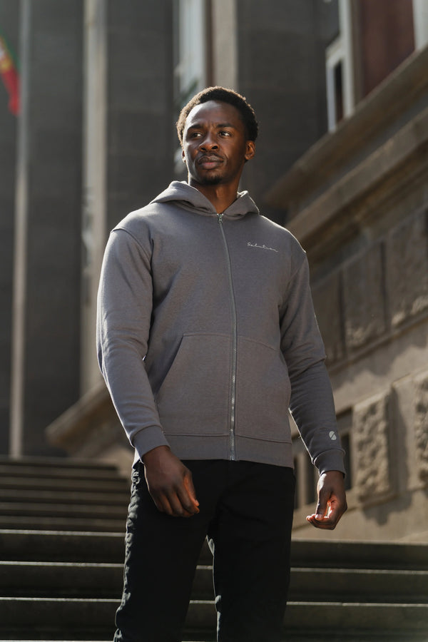 Essential Rubber Print Zipper Hoodie Iron Gate