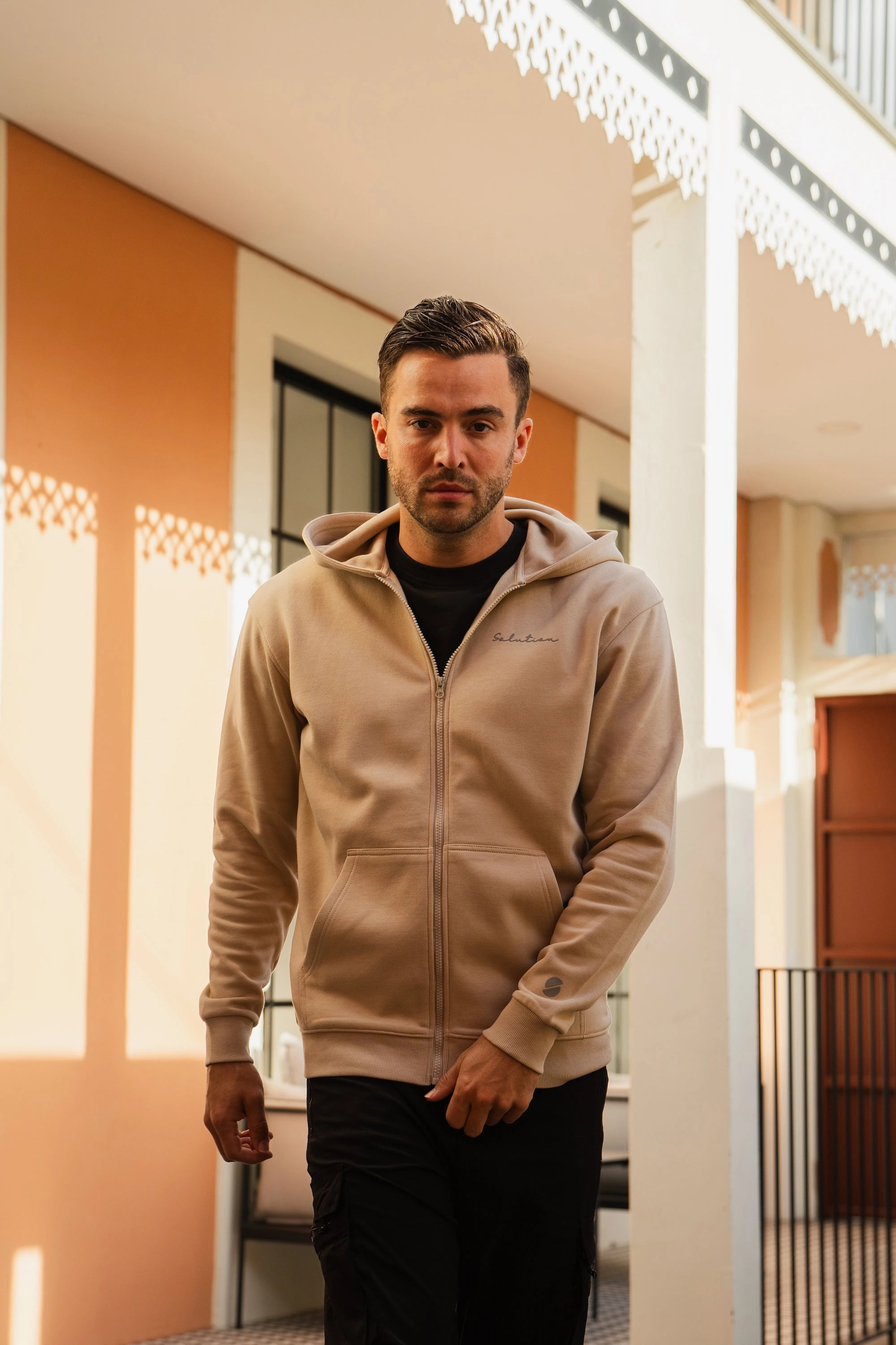 Essential Rubber Print Zipper Hoodie Beige