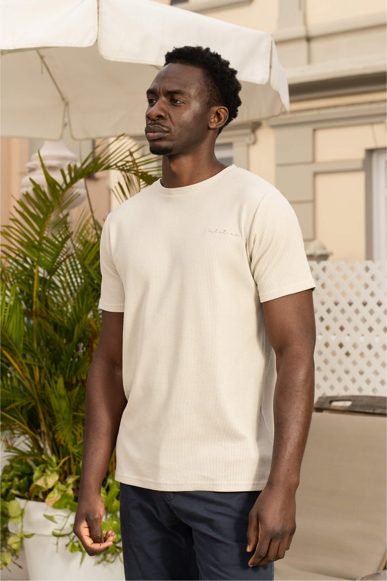 Grid Waffle T-Shirt Beige