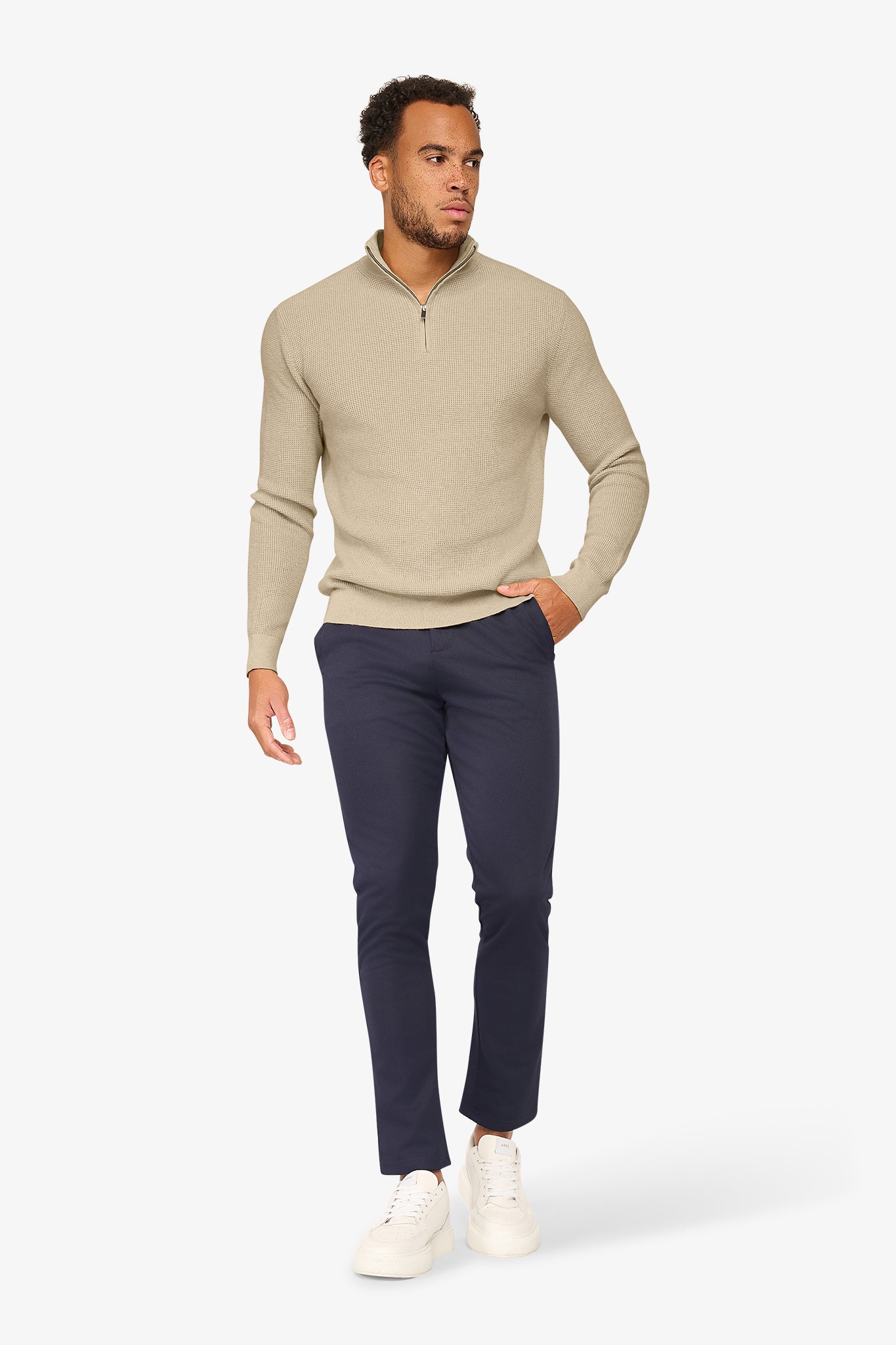 Peak Waffle Zipper Pullover Beige