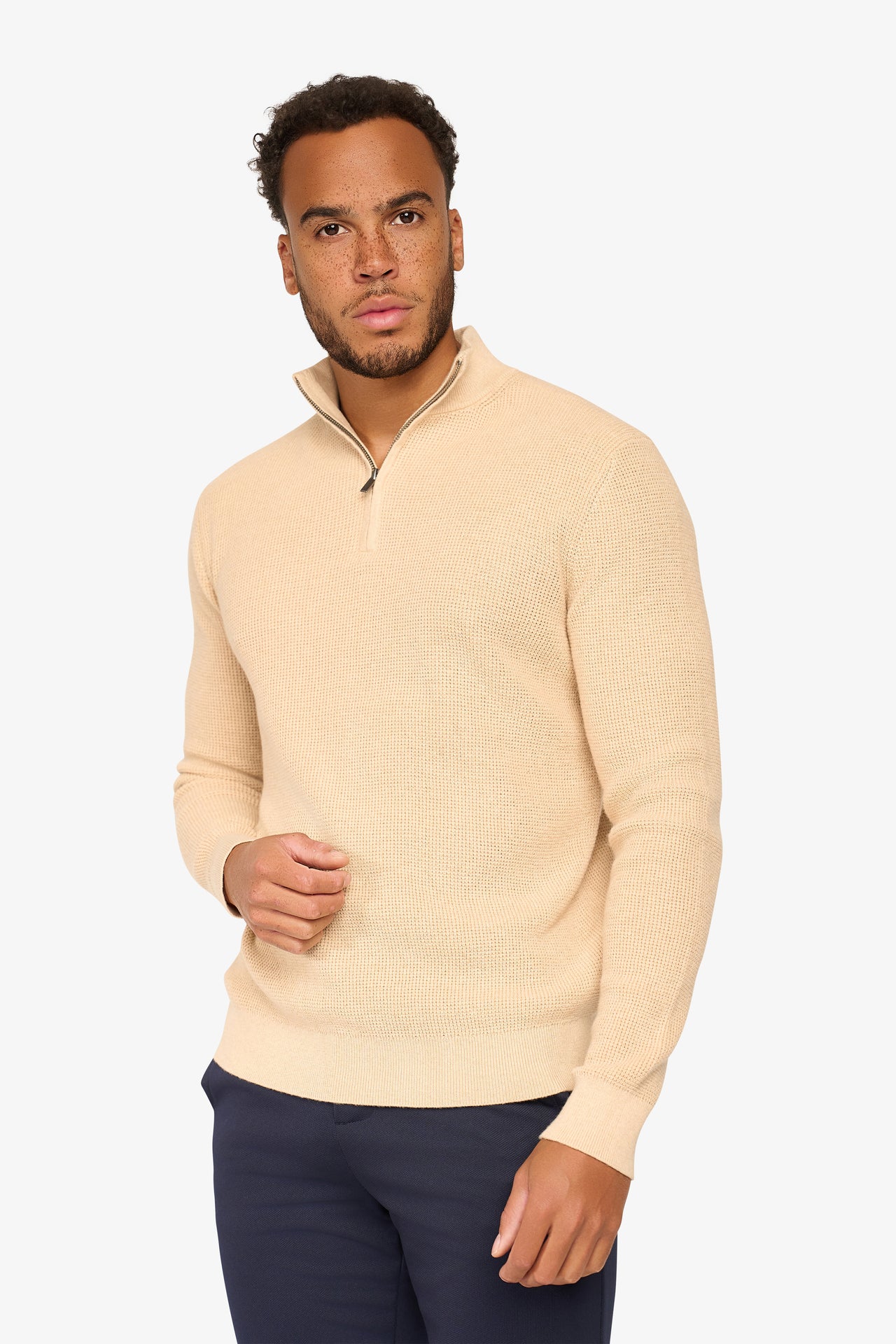 Peak Waffle Zipper Pullover Beige