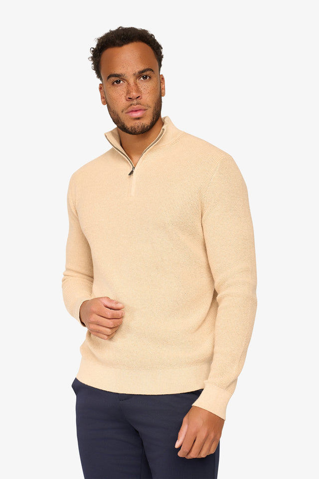 Peak Waffle Zipper Pullover Beige