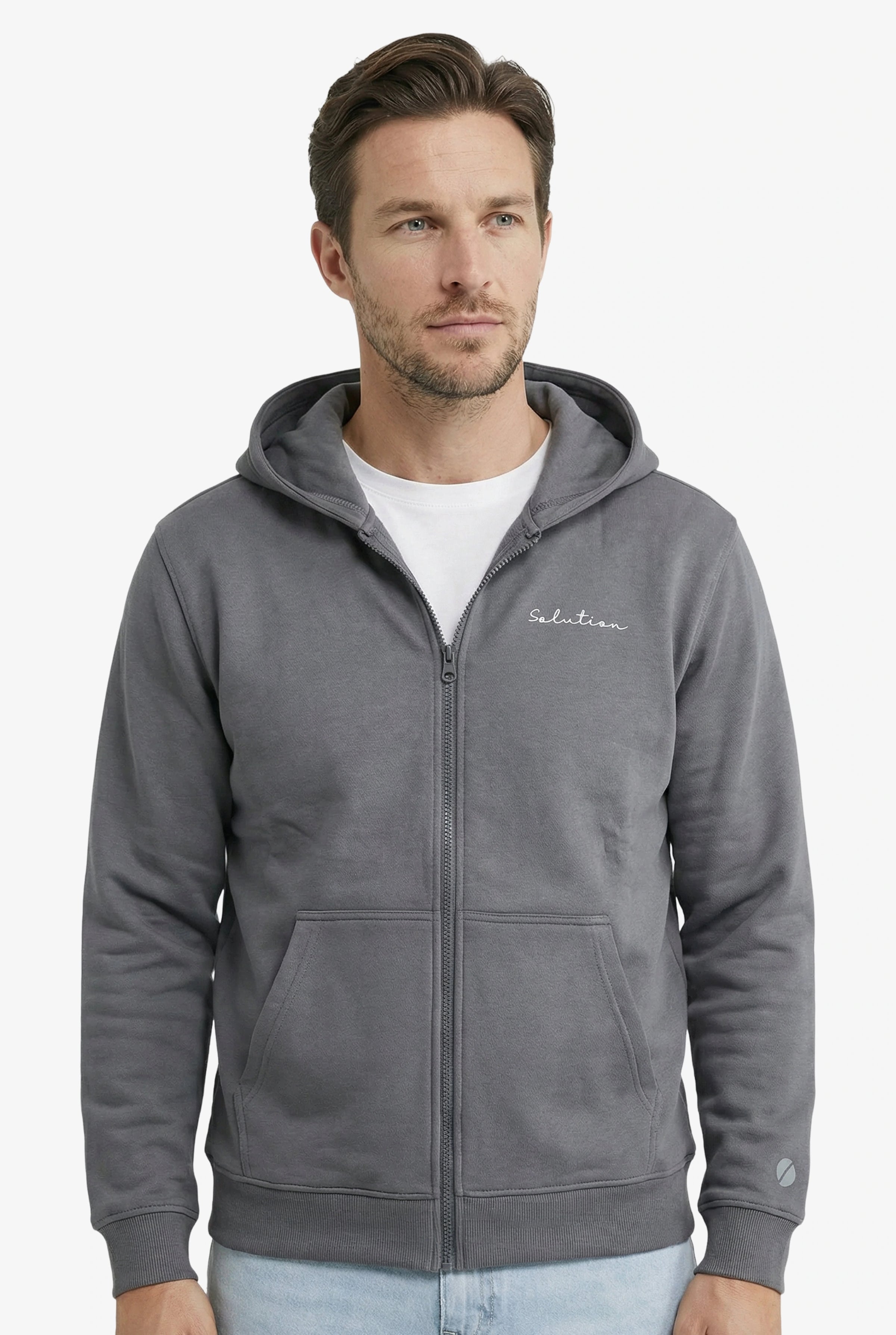 Essential Rubber Print Zipper Hoodie Iron Gate