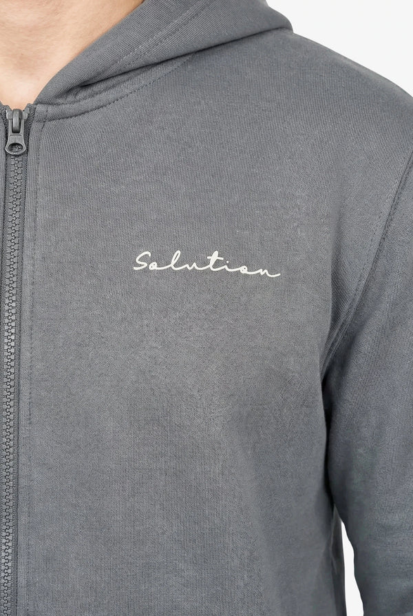 Essential Rubber Print Zipper Hoodie Iron Gate